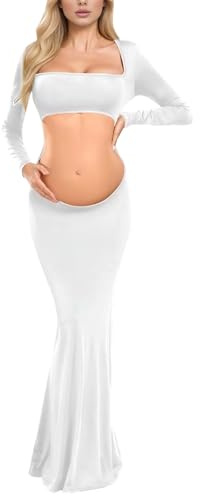 FEOYA Dame Robe Grossesse Photo Femme Enceinte Robe Longue Mariage De Maternité Chic Shooting Elegant Sexy De Soirée Blanc L
