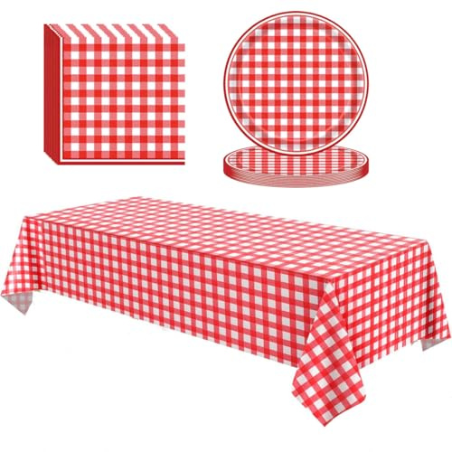 ZSNICEYH Red Gingham Checkered Picnic Party Tableware 20pcs Paper Plates 20pcs Napkins 1pcs Plastic Tablecloth