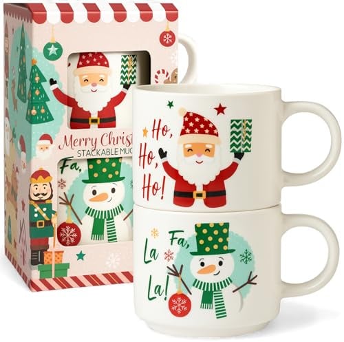 MIJOMA Weihnachtsbecher Set 2er – stapelbare Tassen aus Porzellan 350ml mit Schneemann & Weihnachtsmann Motiv – festliche Kaffeebecher im Geschenk-Karton