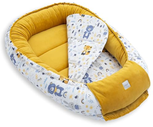 LOOLAY Babynest, Nestchen für Neugeborene – Baby Nestchen 91 × 63 cm mit Matratze, Tragbares Nest aus Samtvelours & Baumwolle (GELB Velour/Wald Tiere)