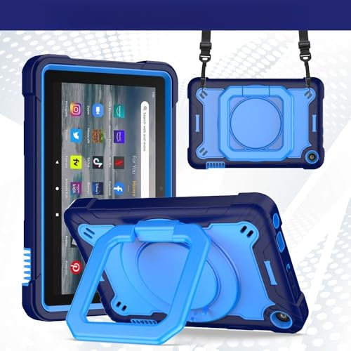 vsedkxis Case for Amazon All-New Kindle Fire 7 Tablet (2022 Release-12th Generation),Four-Corner Anti-Fall Kids Safe Armor Cover with 360° Rotating Kickstand,Hand Grip,Shoulder Strap (Navy Blue)
