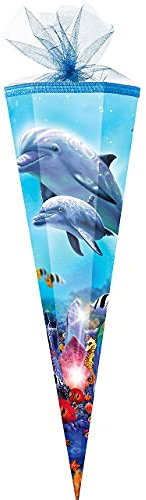 Schultüte - Delfin Familie/Fische - 85 cm - eckig - Tüllabschluß - Zuckertüte - mit/ohne Kunststoff Spitze - für Mädchen & Jungen - Delfine - Delfin -..