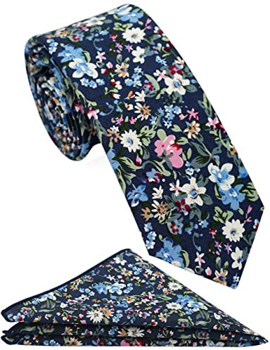 ZENXUS Herren-Krawatte mit Blumenmuster, 6,3 cm, handgefertigt, aus Baumwolle, Navy Daisy, Dünn