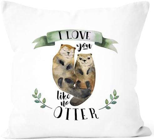 MoonWorks Kissenbezug Otter Pärchen I Love You Like no Otter Geschenk Liebe Freundin Freundin 40x40 Baumwolle Weiss-Gruen 40cm x 40cm