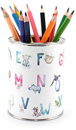 Stiftebecher Tier ABC Aquarell inkl. 12 Dreikant Buntstiften| Kinder Stifteköcher Stiftehalter Schreibtisch Organizer Buchstaben Alphabet
