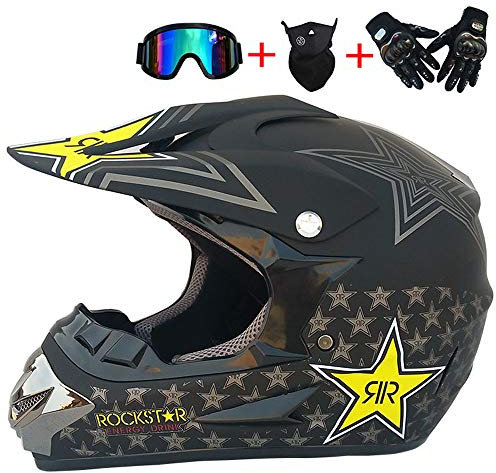 JCLDG Motorrad Helm Motocross Helme City Helme BMX Helme Motorrad Crosshelme (4Stück) Handschuhe Maske Brille - Schwarz/Rockstar - Adult Off Road Fullface MTB Helm Mopedhelm,S