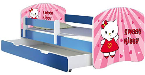 ACMA Kinderbett Jugendbett mit Einer Schublade und Matratze Blau mit Rausfallschutz Lattenrost II 140x70 160x80 180x80 (15 Sweet Kitty, 180x80 + Bettkasten)