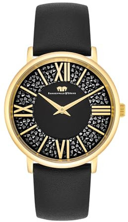 Rhodenwald & Söhne Damen Uhr analog Japan Quarz mit Echtleder schwarz Armband verziert mit Kristallen 10010334