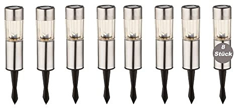 bmf-versand® Solarlampen für Außen Wegeleuchte Edelstahl mit LED 8er Set - Gartendeko Solar Modern - Solarleuchten Garten Silber - Außenlampe Stehend Erdspieß - Höhe 25 cm