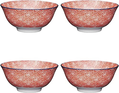 KitchenCraft Set of 4 Glazed Stoneware Bowls with Japanese Floral Pattern, Red & White Ceramic Bowls with Footed Base, Microwave & Dishwasher Safe, 15.7 cm (6)