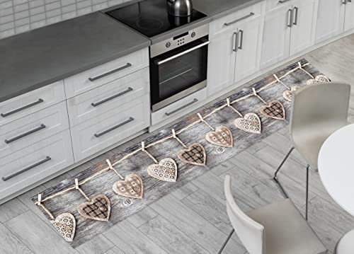 BIANCHERIAWEB Tappeto Passatoia Cucina Retro Antiscivolo Runner Corsia Antisfilo Sottolavello Fantasia Shabby Love Stampa Digitale Disegno Cuori Appesi Grigio