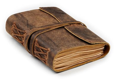 LEATHER VILLAGE Leather Notebook Edge Cut, Distressed Brown 7x5 | Genuine buff leather, 220 blank cut edge pages, wrap strap closure; leather bound journal for everyday journaling