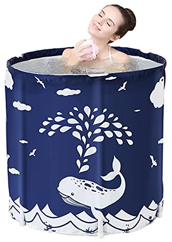 Sinbide Bañera Portátil para Adultos Bañera Plegable de Adultos y Niños Bañera Móvil de SPA Lavabo de Baño con Espuma Térmica Mantenimiento Bañera de Inmersión Ducha Mini Piscina Bebés (Ballena Azul)
