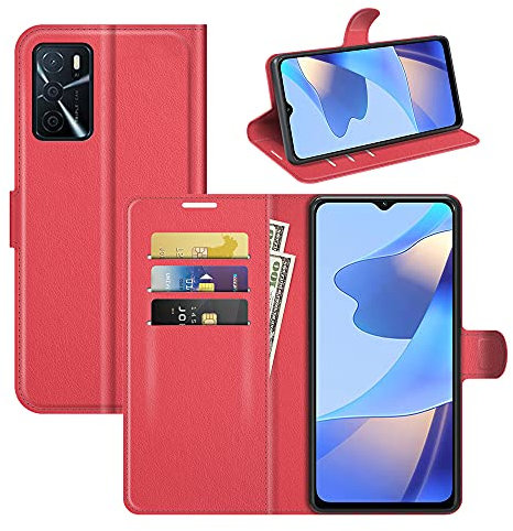 Fertuo Coque pour Oppo A16 / A16S / Oppo A54S, Antichoc Portefeuille Étui Housse en Cuir à Rabat Flip Cover Case avec Silicone Bumper, Porte Carte, Béquille, Boucle Magnétique pour Oppo A16, Rouge