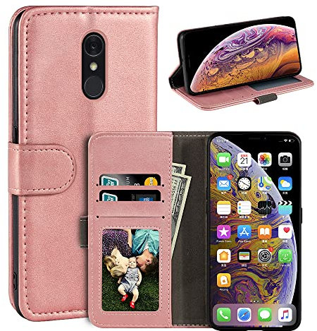 Schutzhülle für LG Q7, magnetisch, PU-Leder, Brieftaschen-Stil, Business-Handyhülle, modische Klapphülle mit Kartenfach und Ständer, für LG Q7 Plus 5,5 Zoll, Roségold