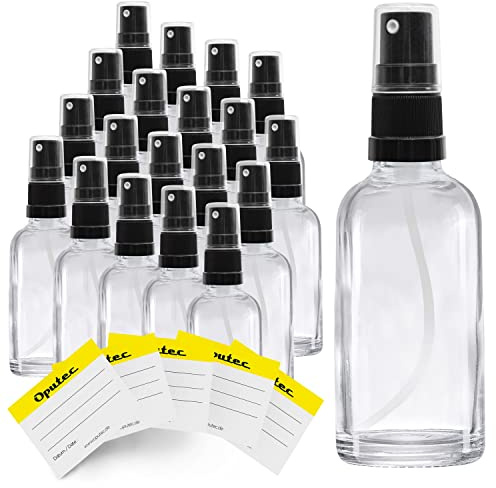 Oputec 20 flaconi spray in vetro da 30 ml con nebulizzatore + 20 etichette per etichettatura, bottiglie in vetro trasparente con testina a spruzzo fine, piccola bottiglia spray a pompa