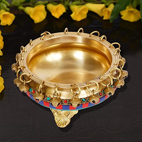 Artvarko™ Traditional Brass Multicolor Stone Handwork Urli with Bells Flowers Bowl Showpiece for Floating Candles Home and Office Decoration Diwali Decoration Gift 6 Inch