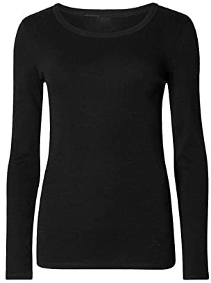 AA ESSENTAILS Women Ladies Long Sleeve Round Neck Plain Top Stretchy Casual Summer T-Shirts Basic Slim fit Tee Tops (Black, 12-14) (ZJ-88487)