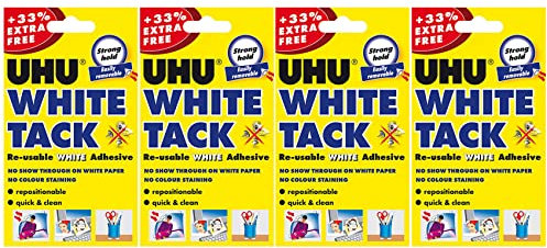 UHU White Tack Lot de 4 paquets de colle adhésive réutilisable réutilisable Blanc