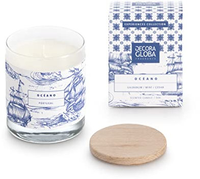 DECORAGLOBA - Vela Aromática en Vaso de Cristal - Fragancia OCEANO - Aroma oceánico y verde - Colección Portugal Experience - 50 Horas de Quemado (220gr)