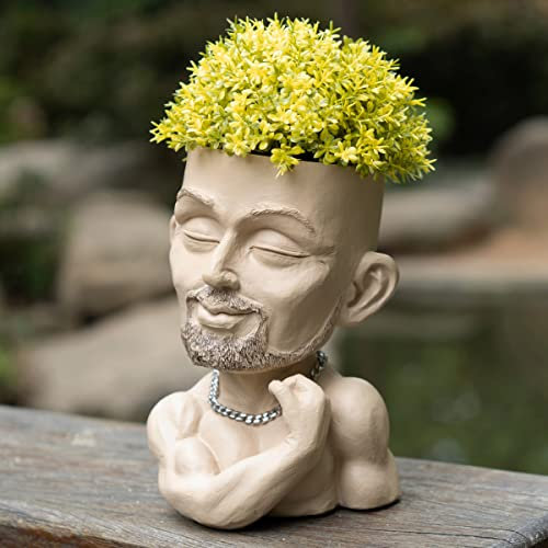 COMODID Pot de fleurs en forme de visage – Beefcake Guy – Pots de fleurs pour plantes d'intérieur et d'extérieur – Pots de fleurs en résine avec trou de drainage, kaki