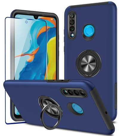 KRAFTCARE Hülle für Huawei P30 Lite mit 1 Pack Panzerglas Schutzfolie, Handyhülle mit Eingebetteter 360° Grad Ring, Magnetische Schutzhülle Stoßfest Cover Case für Huawei P30 Lite,Blau