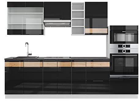 Vicco Küchenzeile Fame-Line, Schwarz-Eiche Hochglanz/Weiß, 280 cm
