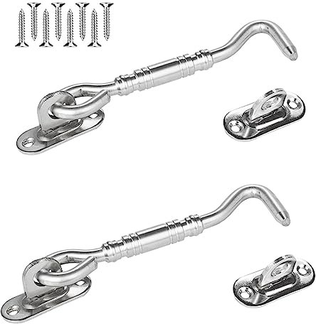 Hook and Eye Latch 4 Inch, 2pcs Stainless Steel Cabin Hook Door Hook Lock Heavy Duty Hook Latch with Screws for Cabinet Closet Door Window Garage Gate, Silver