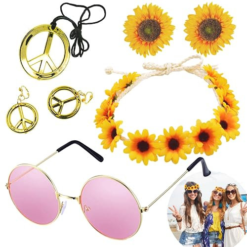 WanderGo 70er Jahre Hippie Zubehör für Frauen: Blumenkrone Stirnband, Armband, Sonnenbrille, Friedenszeichen Halskette und Ohrringe für 60er/70er Jahre Kostüm