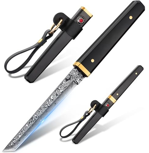 DRGSKL Damaszener Muster Outdoor Obstmesser Scharfes tragbares Taschensteakmesser mit Scheide Messer für Männer Kollektion Gelb