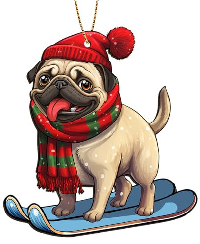 365RUSTIC Snowboard Pug Print Ornament for Christmas Tree Decoration - Skiing Dog Hanging Ornament for Dog Lovers - Dog Print Decorative Gifts for Christmas - 2 Side Printed Wooden Ornament