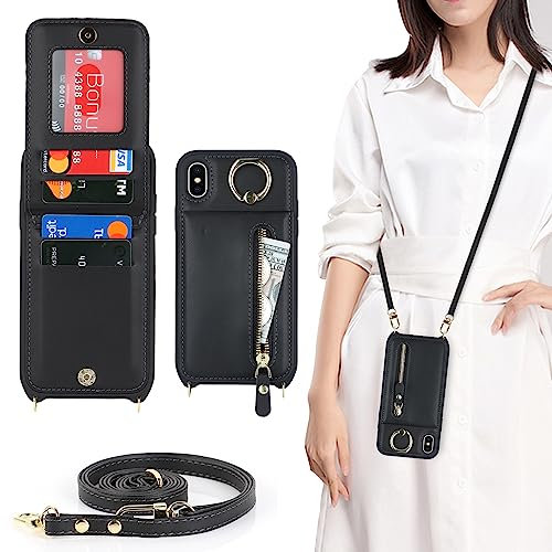 Cavor iPhone X/XS Case With Strap,Flip Folio Leather Wallet Case,[4 Card Holder][Ring Stander][Snap Closure],Lanyard Cover Phone Case for iPhone X/XS - Black