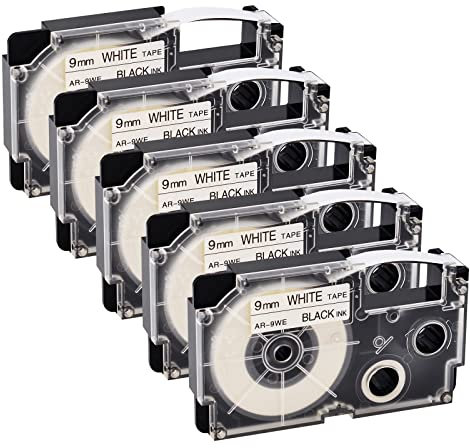 NineLeaf 5 Packung Ersatz für Casio EZ XR9WE XR-9WE AR-9WE XR-9WE2S XR9WE2S 9mm x 8m Bänder Schwarz auf Weiß Schriftband für KL60 KL750 KL750B KL750BA KL750KITCH KL780 KL8100 Beschriftungsgerät