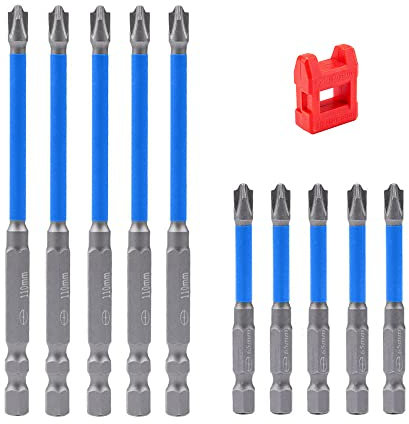 Saipor Lot de 10 embouts de tournevis cruciformes magnétiques longs spéciaux et à tête plate pour électriciens, embouts PH2 pour visseuse à percussion, tige hexagonale 1/4 pour visseuse sans fil