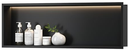 Neohomee Wandnische Dusche Edelstahl mit LED Licht, Eingebettete Duschnische Schwarz Einzelregal Lagerung für Badezimmer, 90 x 30 cm