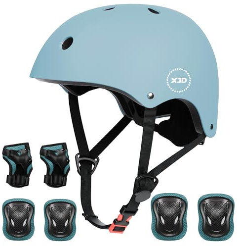 XJD Fahrradhelm Kinder Schoner Set(7er) Kinder Helm mit Knie- & Ellenbogen- & Handgelenkschützer Verstellbarer Schutz Jugend Skaterhelm für 3-13 Jahre Alt (Dusty Blau, S: 51-54 cm)