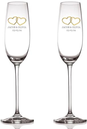 ukgiftstoreonline Personalised Wedding Champagne Glasses Set with Gold Hearts