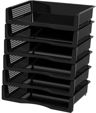 Ikando Black A4 Size Document Trays, 6 Tier Letter Tray Organizer, Plastic Stackable Paper File Mail Baskets