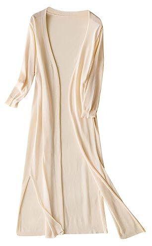Generic Women's Summer Linen Cardigan: Long Sleeve, Mandarin Neck, Extra Long Length, Regular Fit, Casual Style, Size 16 (UK), Plus Size, Beige