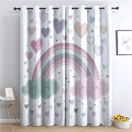 Regenbogen Wolken Vorhänge, Verdunklungsvorhänge mit Muster Kinder Mädchen, Vorhang Blickdicht mit Ösen, Gardinen für Wohnzimmer Schlafzimmer Kinderzimmer Deko 2er Set - 160x132 (H X B) (Gc-&379)