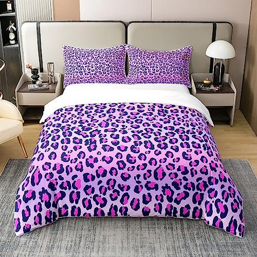 Homemissing Leopard 100% Coton Housse de Couette 220x240cm Fille Rose Violet Cheetah imprimé Literie Set Wildlife thème Parure de Lit Fille Chambre à Coucher Ensemble de lit (Pas de Confort)