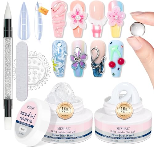 MIZHSE Gel Solido Builder 4 in 1 3D gel per Nail Charms, 3D Gel Nail Art per scultura e estensione delle unghie, gel trasparente, bianco, 18 g, confezione da 2