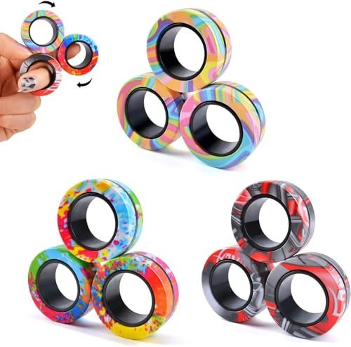 ASIOWELY Magnetische Ringe ADHS Spielzeug Fidget Toys Erwachsene,9 PCS Cool Fidget Magnet Ringe für Anti Stress Spinner Fingerring Ring für Kinder Teenager Geschenke für 3-6-8 + Jahr Alten Jungen