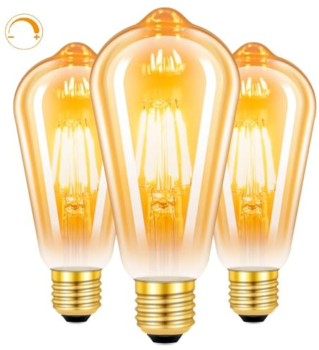 SCNNC Bombillas LED Vintage E27 ST64 6W Regulable, Bombilla Filamento LED E27 Blanco Cálido 2700K, Retro Vintage E27 Equivalente a 60W, Bombilla LED E27 Vintage Edison para Hogar Café Bar, 3 Piezas