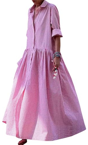 SOMTHRON Damen Retro Plaid Button Down Maxi Hemdkleid Roll Up Langarm Gingham Plissee Swing Langes Kleid