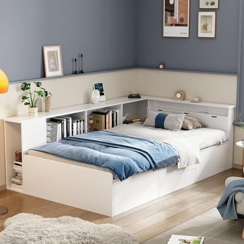 Ctastay Kinderbett Einzelbett 90x200 cm, Bett Holzbett Jugendbett mit Stauraum Schubladen & Schrank, Stauraumbett Gästebett Familienbett mit Bücherregal & Lattenrost, Weiß (Ohne Matratze)