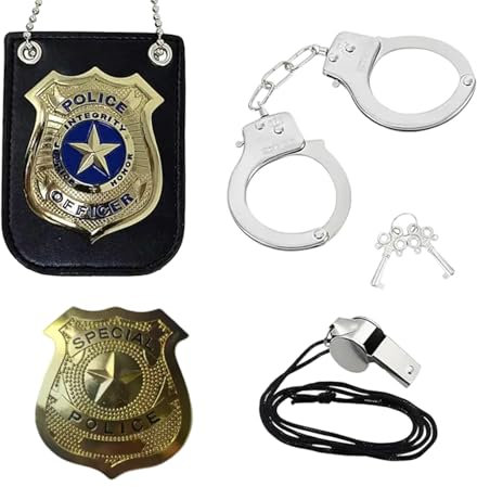 GUTERTOP Handschellen Kinder Echt Stahl, Polizei Zubehör Set Polizist Handschellen Abzeichen, Kinder Polizei Set für Cosplay Polizei Kostüm Kinder