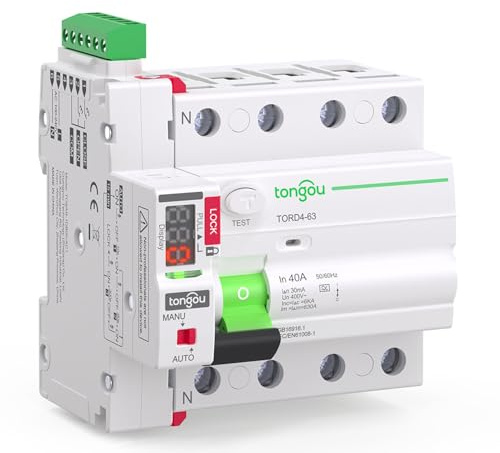 TONGOU 30mA Automatische Wiedereinschaltvorrichtung, 4P/ 40A RCCB Fehlerstromschutzschalter A Typ, Leistungsschalter 6KA RCD
