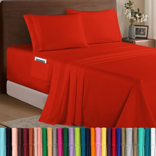 Elegant Comfort, Luxury Hotel Quality 1500 Microfiber Bed Sheet Set 4 Pieces Soft Elastic 45-61cm Deep Fitted Sheet Extra Deep Fitted Sheet Double Red