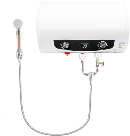 JAYEUW Scaldacqua elettrica orizzontale scaldabagno 35/70 l, scaldabagno 2000 W, in acciaio inox, con doccetta, temperatura regolabile 25 – 75 °C, per cucina (bianco, 35 L)